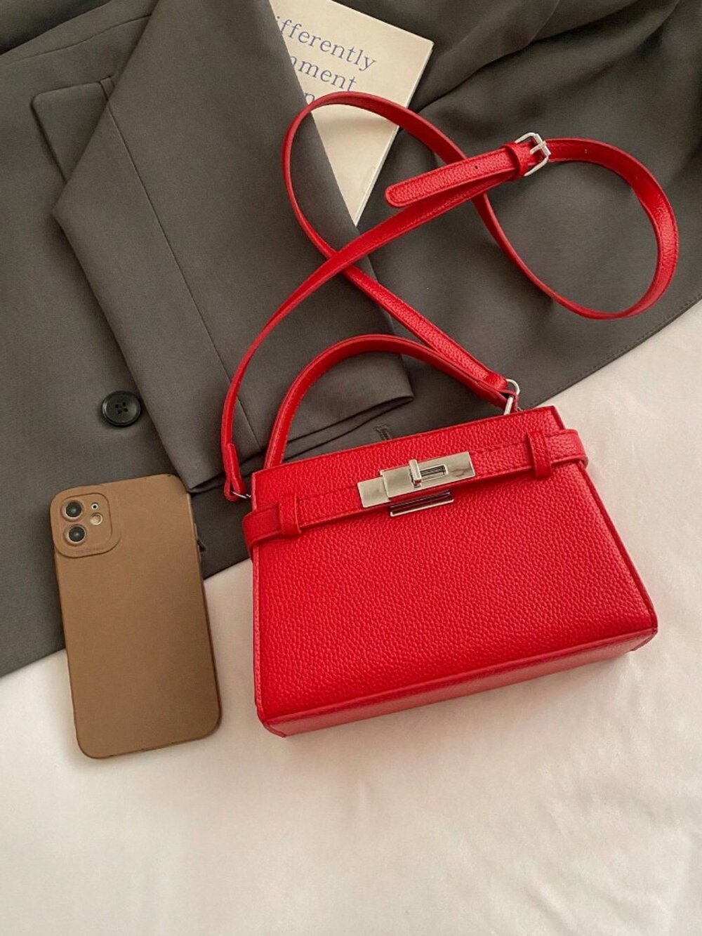 Red Modern Women's Handbag with Crossbody Shoulder Strap and Hardware Lock - Picture 5 of 5